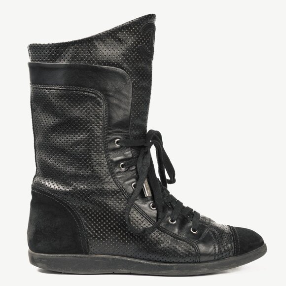 Chanel Black Perforated Leather Sneaker Boots - Picture 1 of 12